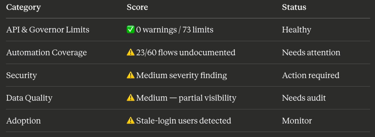 Dark audit output table listing categories, scores, and statuses for Salesforce readiness signals.
